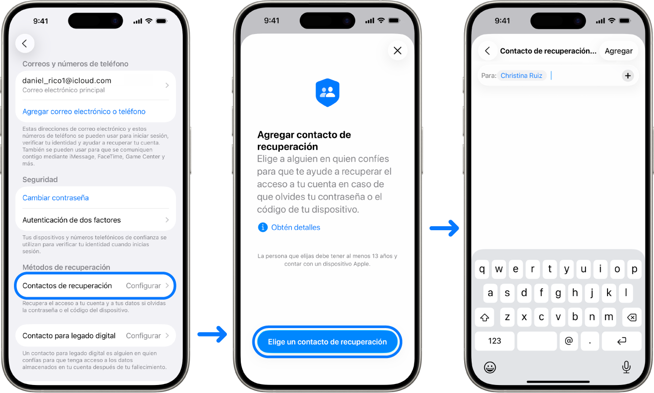 Tres pantallas del iPhone mostrando cómo agregar contactos de recuperación de cuenta.
