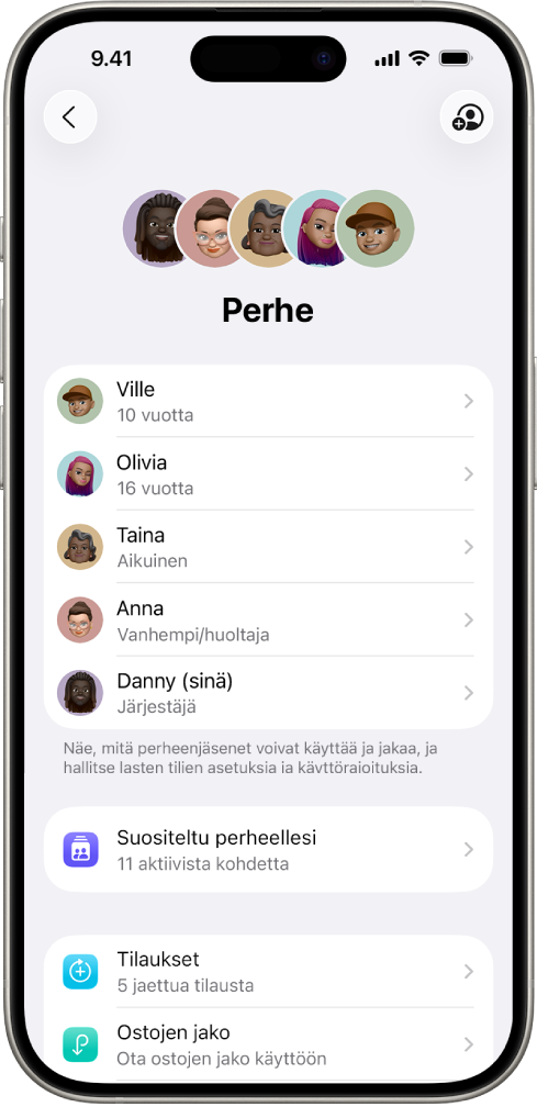 Perhejako-näyttö Asetukset-apissa. Viisi perheenjäsentä on lueteltuna, ja neljä tilausta on jaettu perheen kesken.