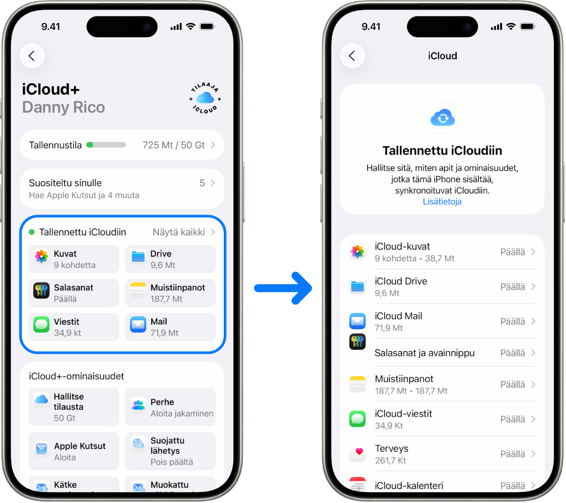 iPhone, jossa näkyy Apple-tili kirjautuneena sisään, ja eri iCloud-palveluja on käytössä.