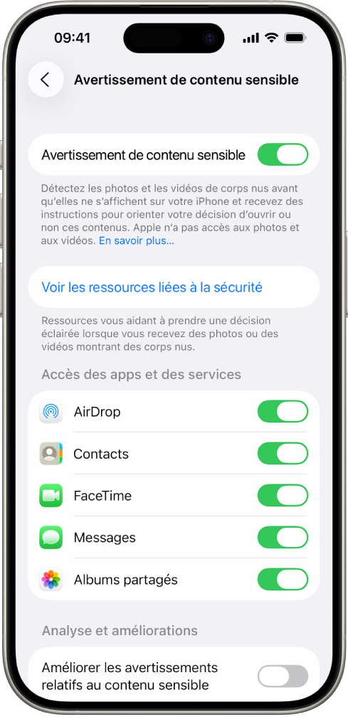 Un iPhone affichant l’écran « Avertissements relatifs au contenu sensible ».