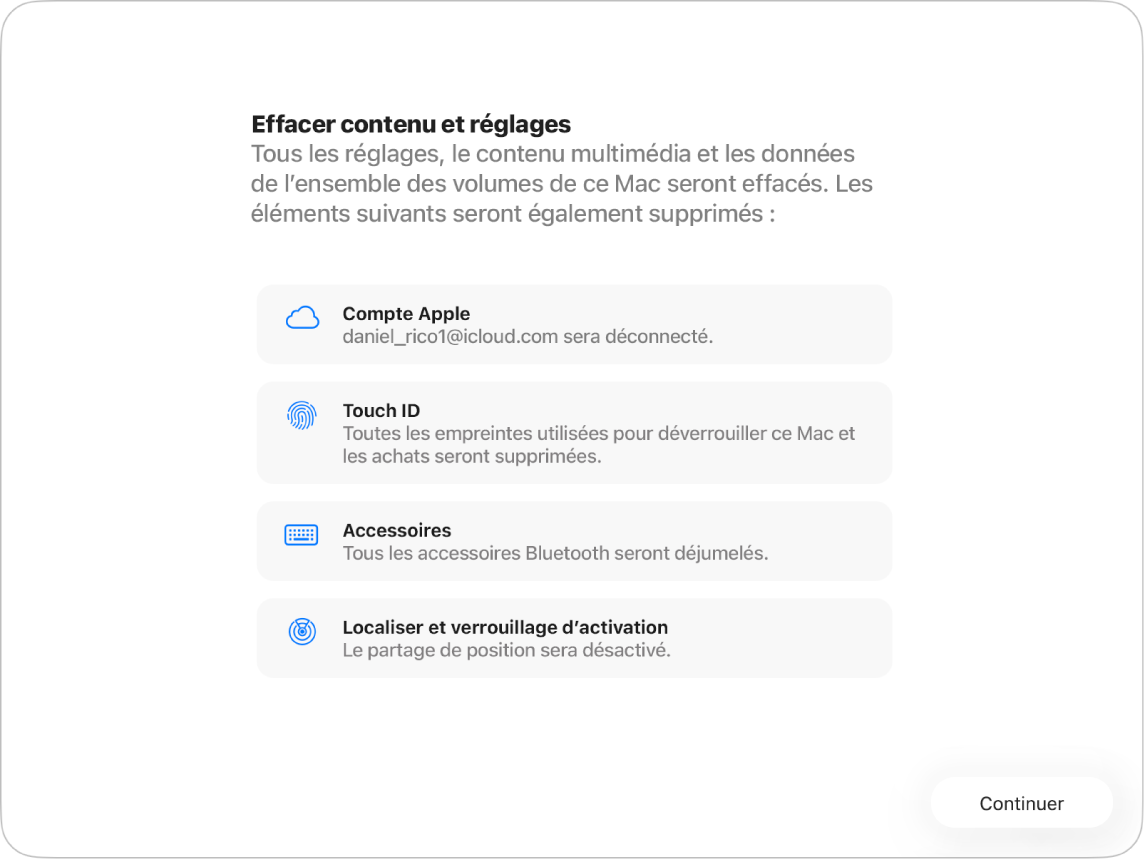 La fenêtre d’un Mac affichant « Effacer contenu et réglages » et l’Assistant réglages.