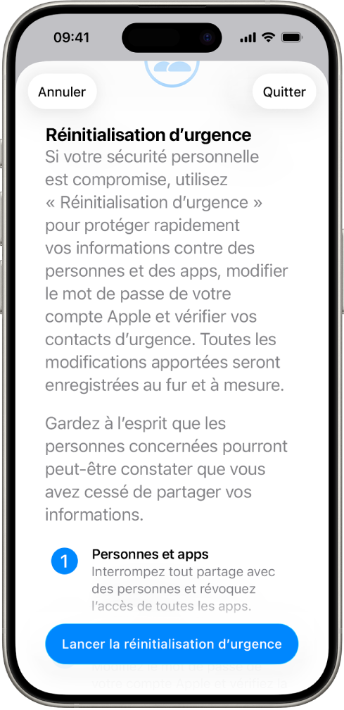 Un écran présentant le bouton pour démarrer « Réinitialisation d’urgence ».
