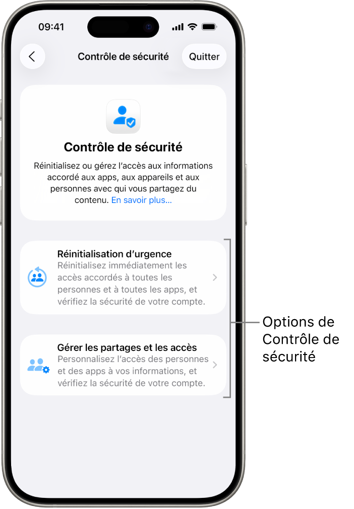 Un écran affichant les deux options disponibles avec Contrôle de sécurité : Réinitialisation d’urgence et Gérer les partages et les accès.