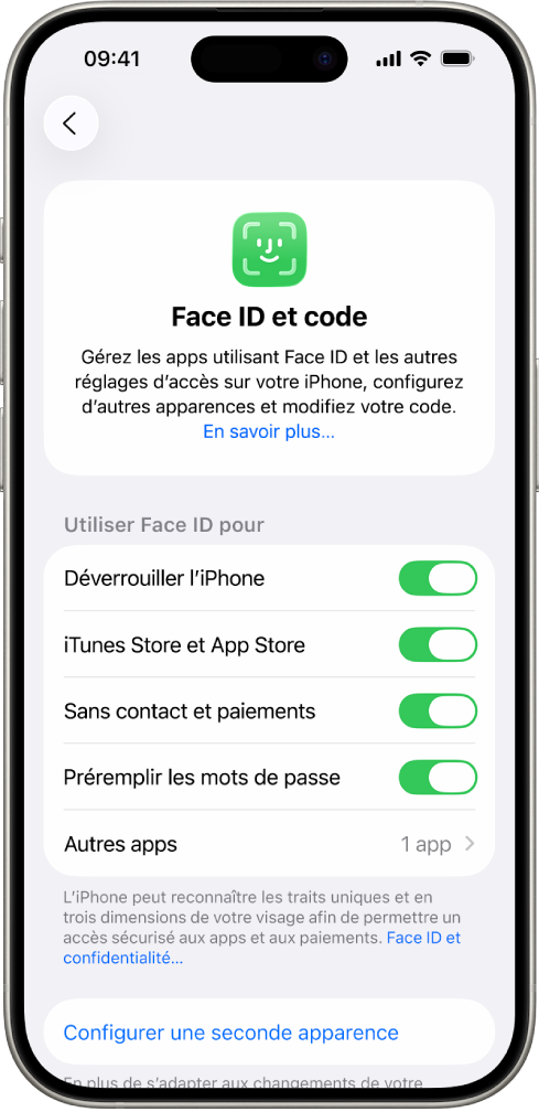 Écran Face ID de l’iPhone montrant pour quoi cette fonctionnalité peut être utilisée, comme Déverrouiller l’iPhone, iTunes Store et App Store, Cartes et Apple Pay, et Préremplir les mots de passe.