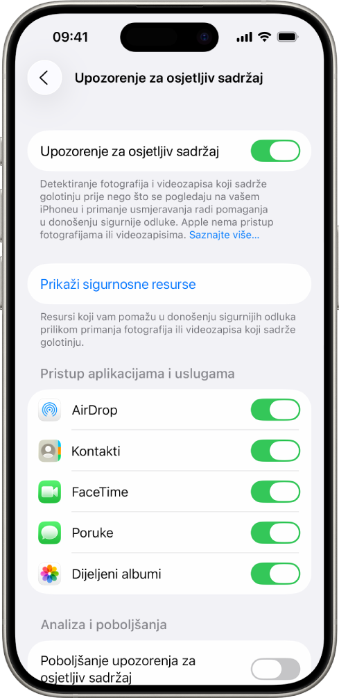 iPhone s prikazom zaslona Upozorenja za osjetljivi sadržaj.