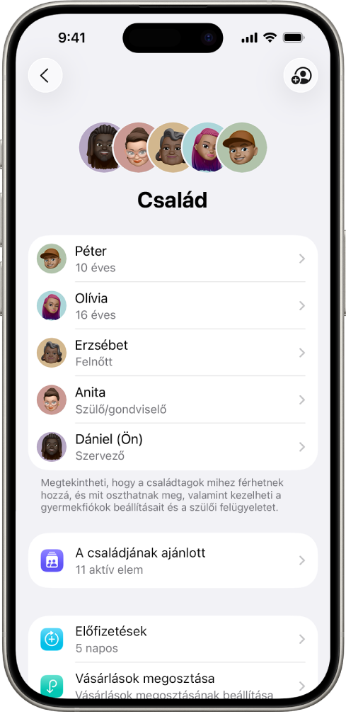A Beállítások Családi megosztás képernyője. Öt családtag látható, és négy előfizetés van megosztva a családdal.