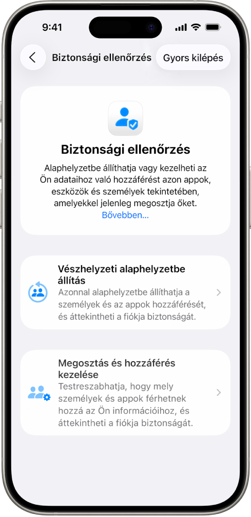 A Biztonsági ellenőrzés funkció képernyője egy iPhone-on.