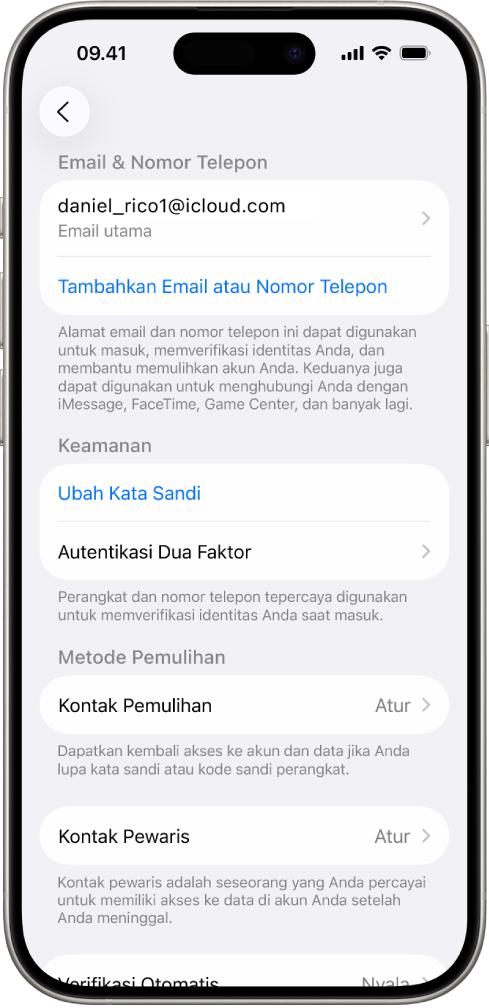Layar iPhone menampilkan autentikasi dua faktor dimatikan.