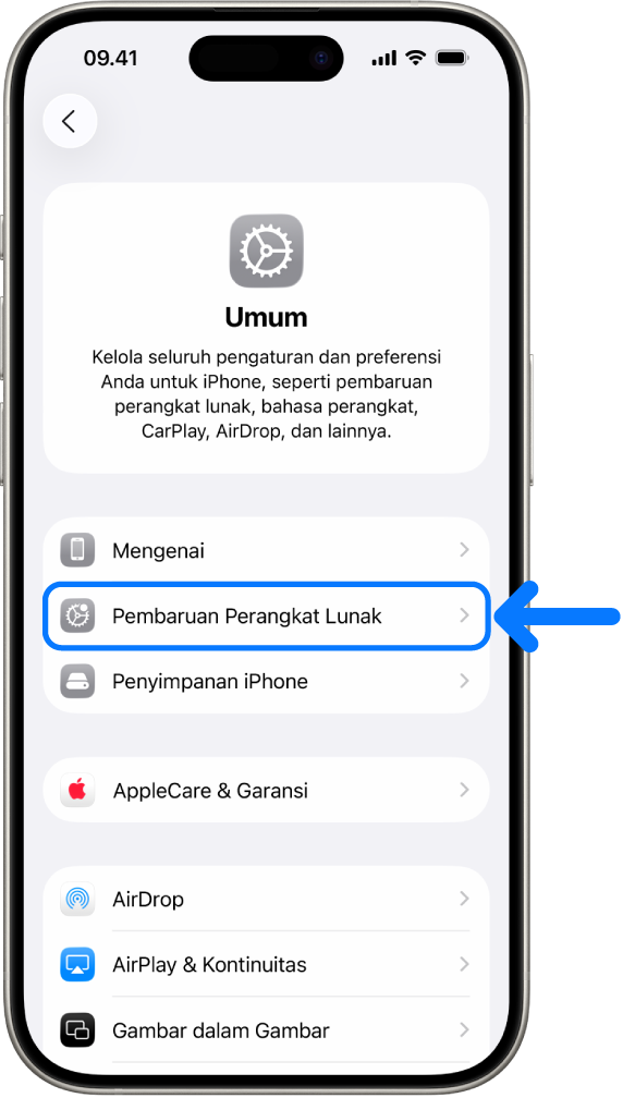 Layar iPhone menampilkan pembaruan perangkat lunak tersedia.
