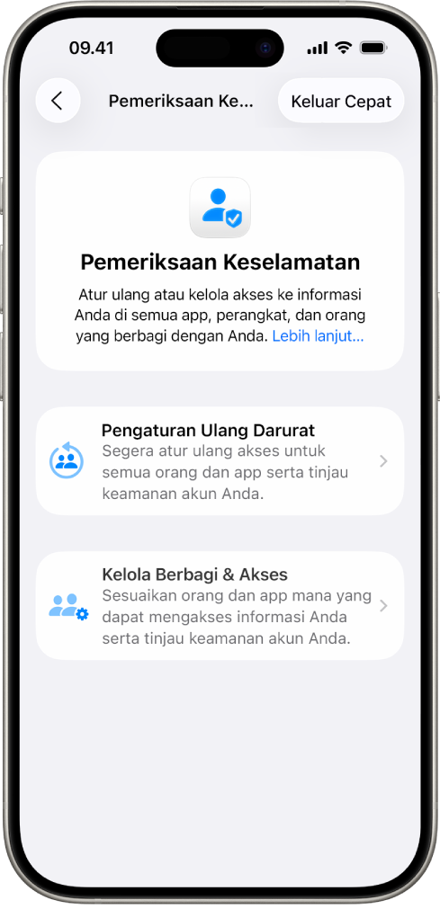 iPhone menampilkan layar Pemeriksaan Keselamatan.