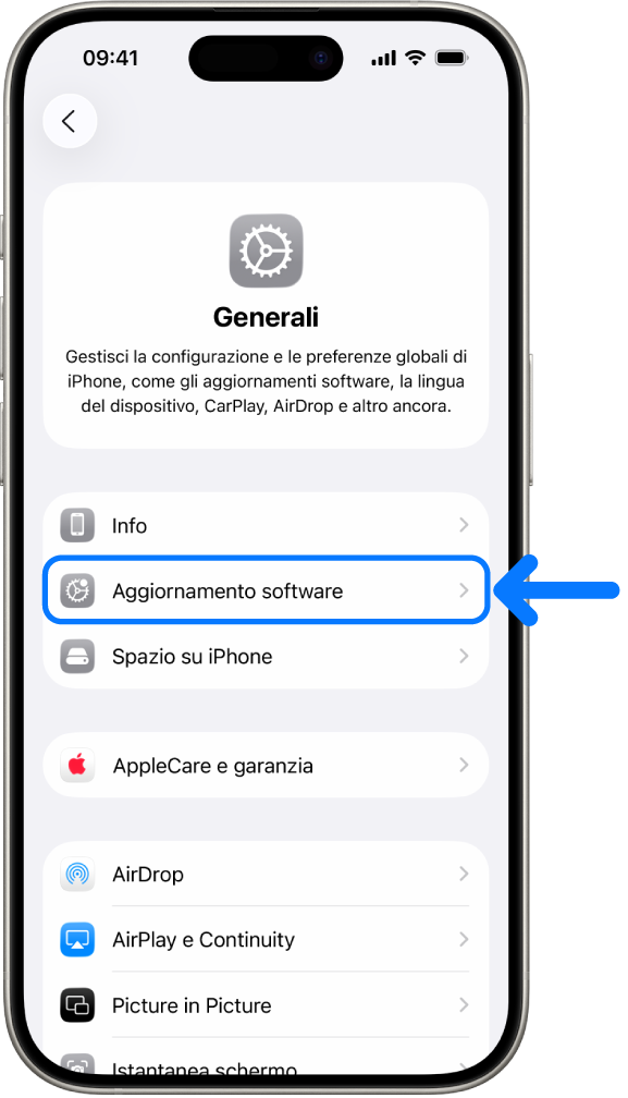 Schermata di iPhone che mostra un aggiornamento software disponibile.