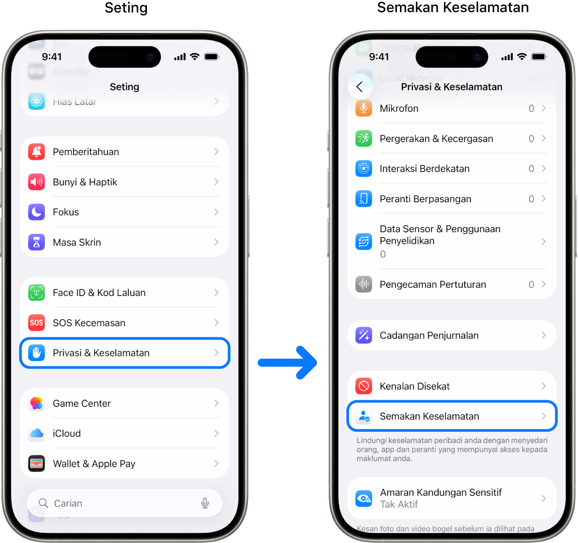 Cara mengakses Semakan Keselamatan daripada app Seting.