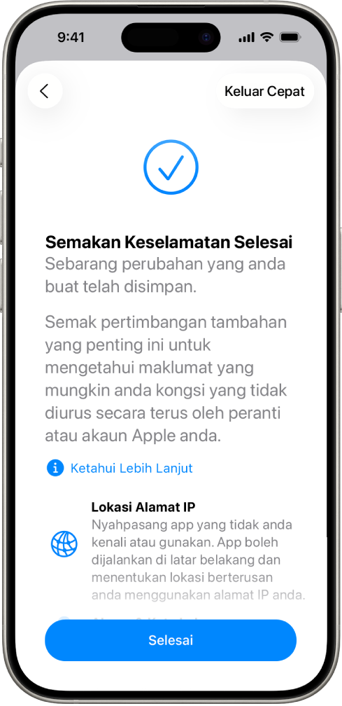 Skrin Semakan Keselamatan menunjukkan yang Semakan Keselamatan selesai.