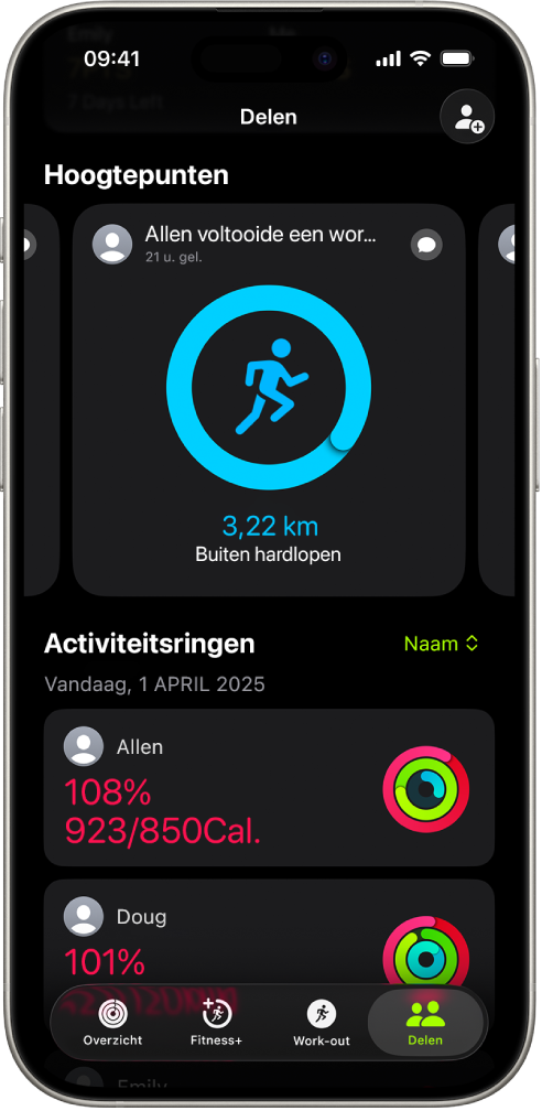 Een iPhone-scherm met activiteitsgegevens die met twee andere mensen worden gedeeld.