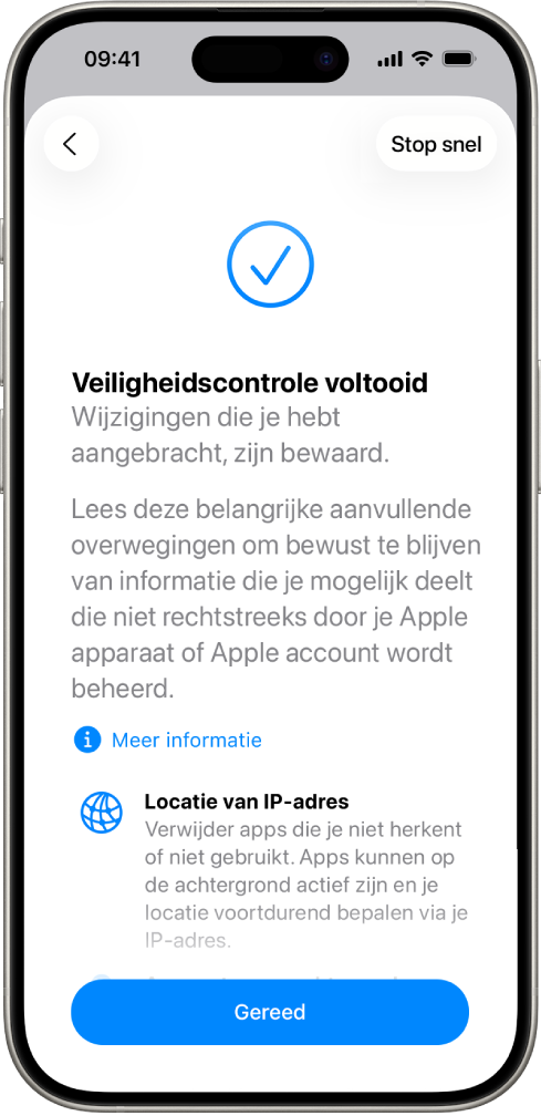 Een scherm van Veiligheidscontrole waarin te zien is dat de veiligheidscontrole is voltooid.