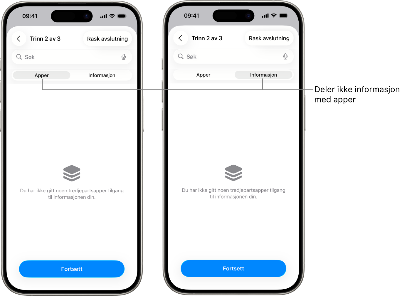 En skjerm som viser at en bruker ikke deler informasjon med andre, ved å velge Apper- og Informasjon-fanen.