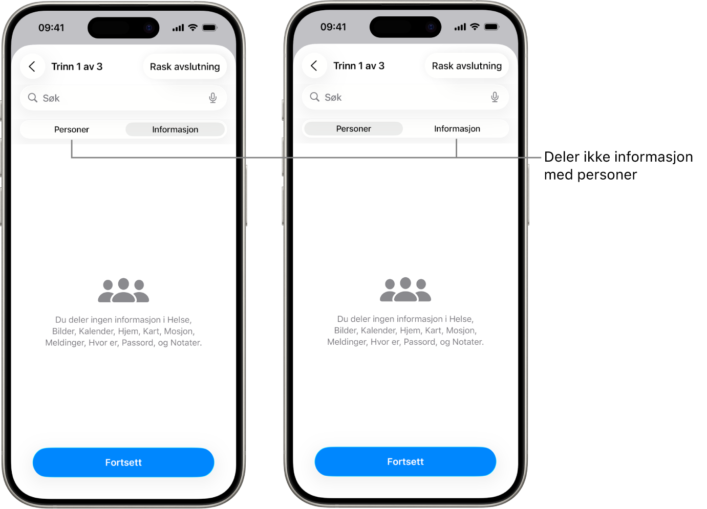 En skjerm som viser at en bruker ikke deler informasjon med andre, ved å velge Personer- og Informasjon-fanen.