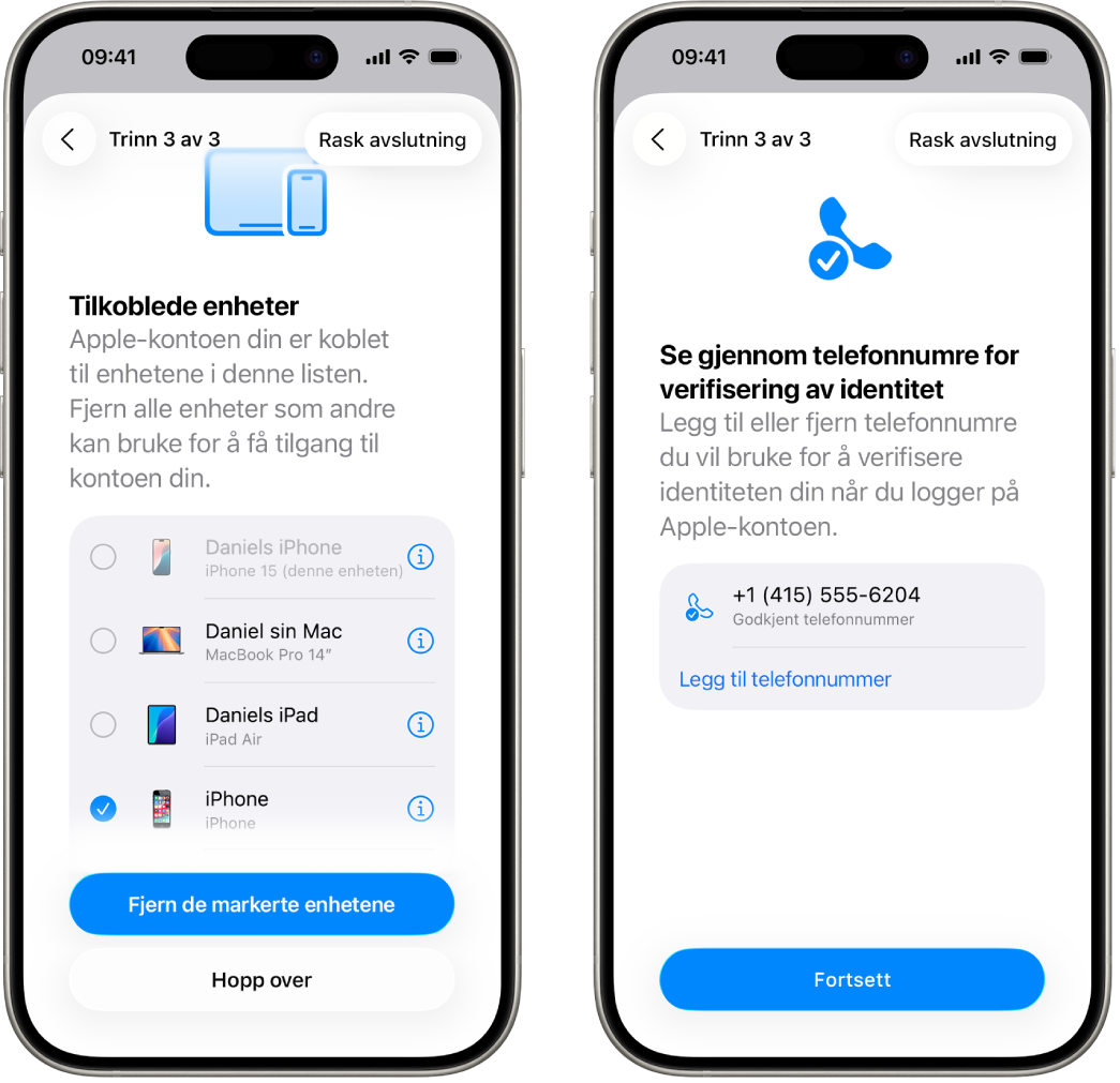 To iPhone-skjermer som viser (1) en markert enhet som skal fjernes fra registrerte enheter, (2) en skjerm for å redigere registrerte telefonnummer.