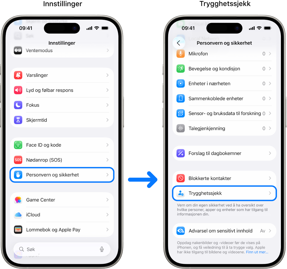 Måten å åpne Trygghetssjekk på fra Innstillinger-appen.
