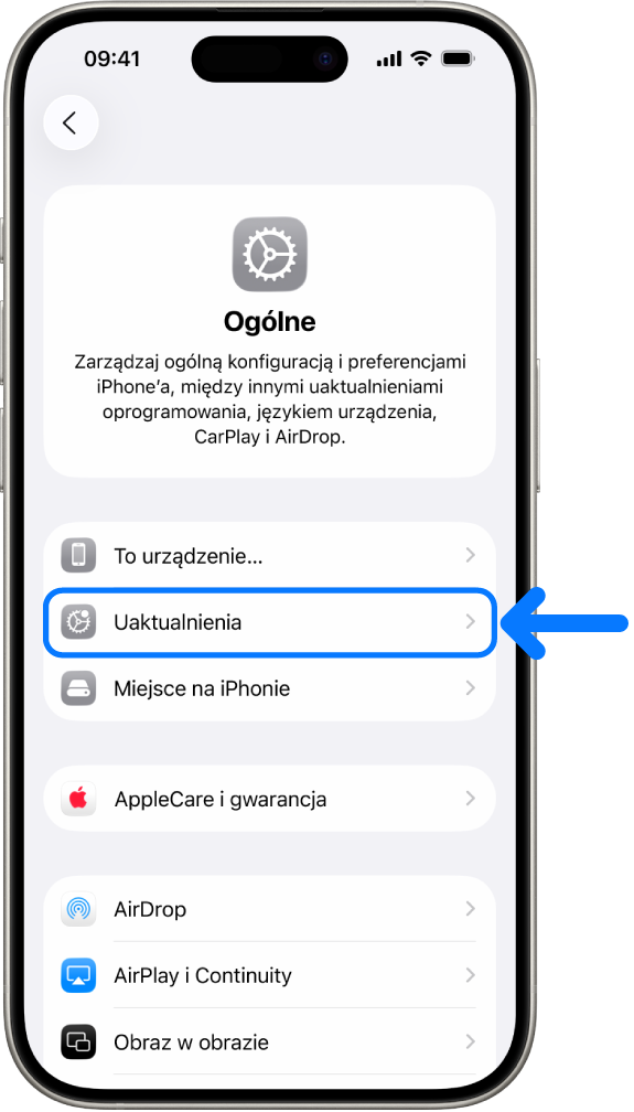 Ekran iPhone’a z informacją, że dostępne jest uaktualnienie oprogramowania.