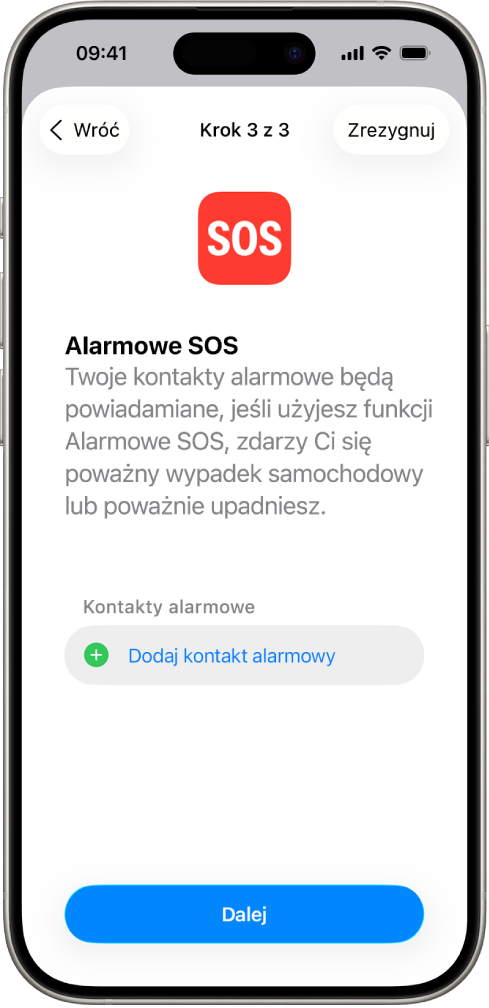 Ekran iPhone’a wyświetlający ekran Alarmowe SOS.