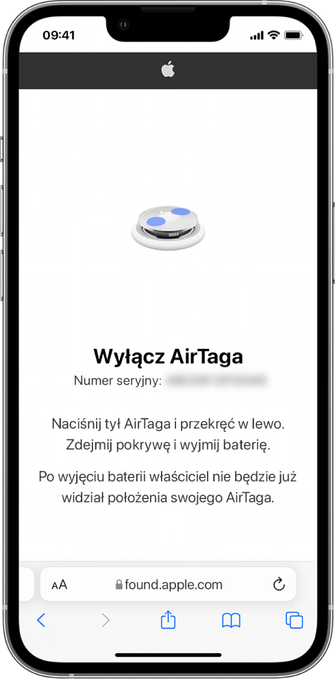 Ekran iPhone’a z wyświetlonymi informacjami o sposobie wyłączenia AirTaga.