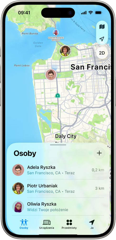 Ekran iPhone’a pokazujący położenie użytkownika i położenia czterech innych użytkowników.