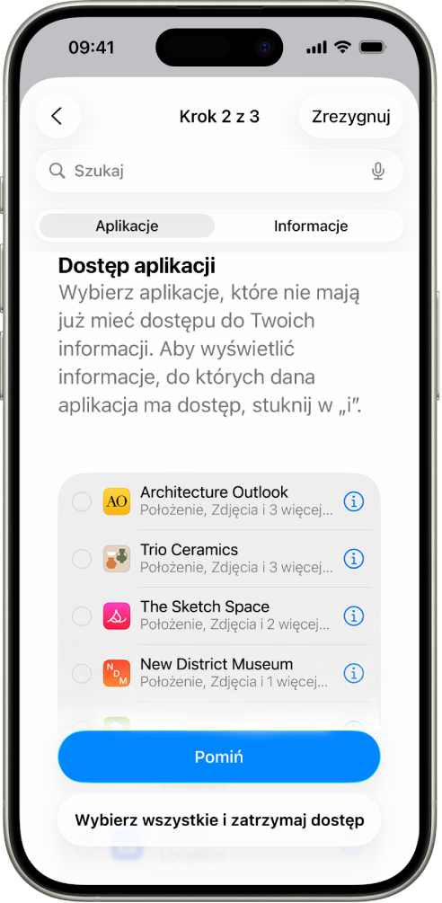 Ekran kontroli bezpieczeństwa przedstawiający informacje udostępniane określonym aplikacjom.