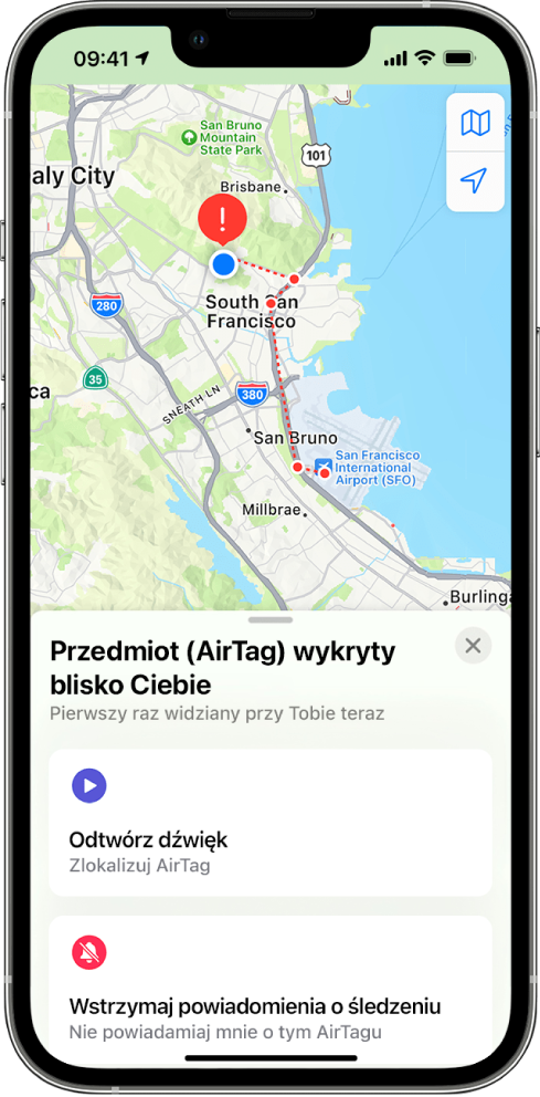 Ekran iPhone’a z informacją o wykryciu AirTaga w pobliżu użytkownika w aplikacji Mapy.