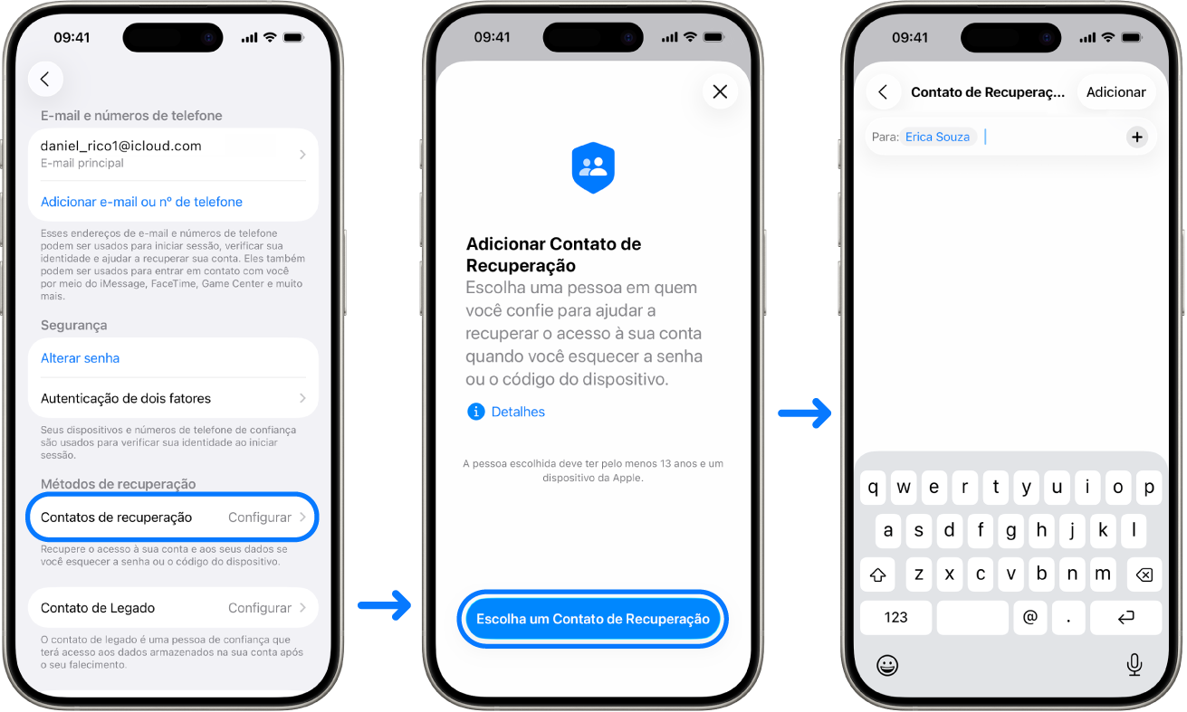 Três telas de iPhone mostrando como adicionar contatos de Recuperação da Conta.