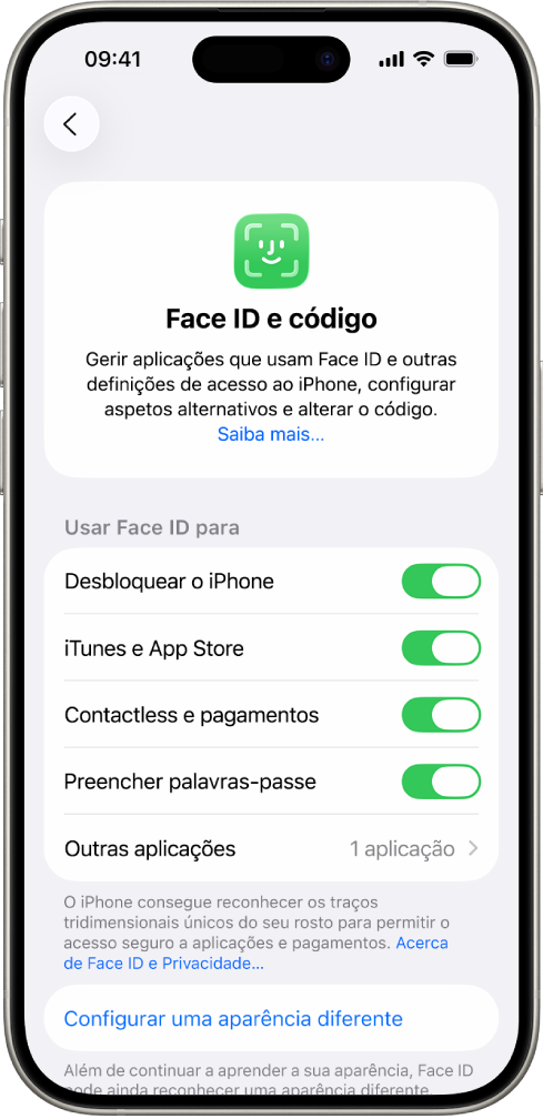 O ecrã de Face ID do iPhone mostra os diferentes usos de Face ID: Desbloquear o iPhone, iTunes e App Store, Carteira e Apple Pay e Autopreencher palavra-passe.
