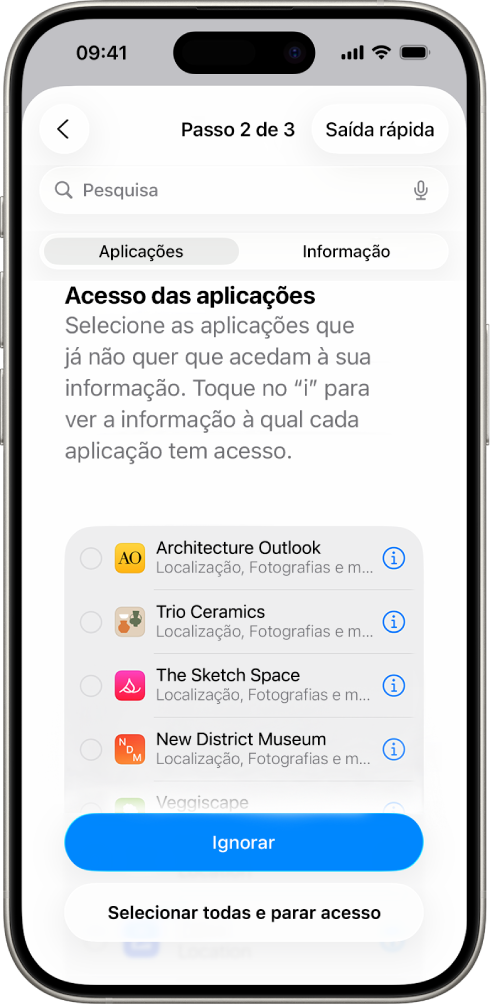 Um ecrã “Verificação da informação” mostra informação partilhada com aplicações específicas.