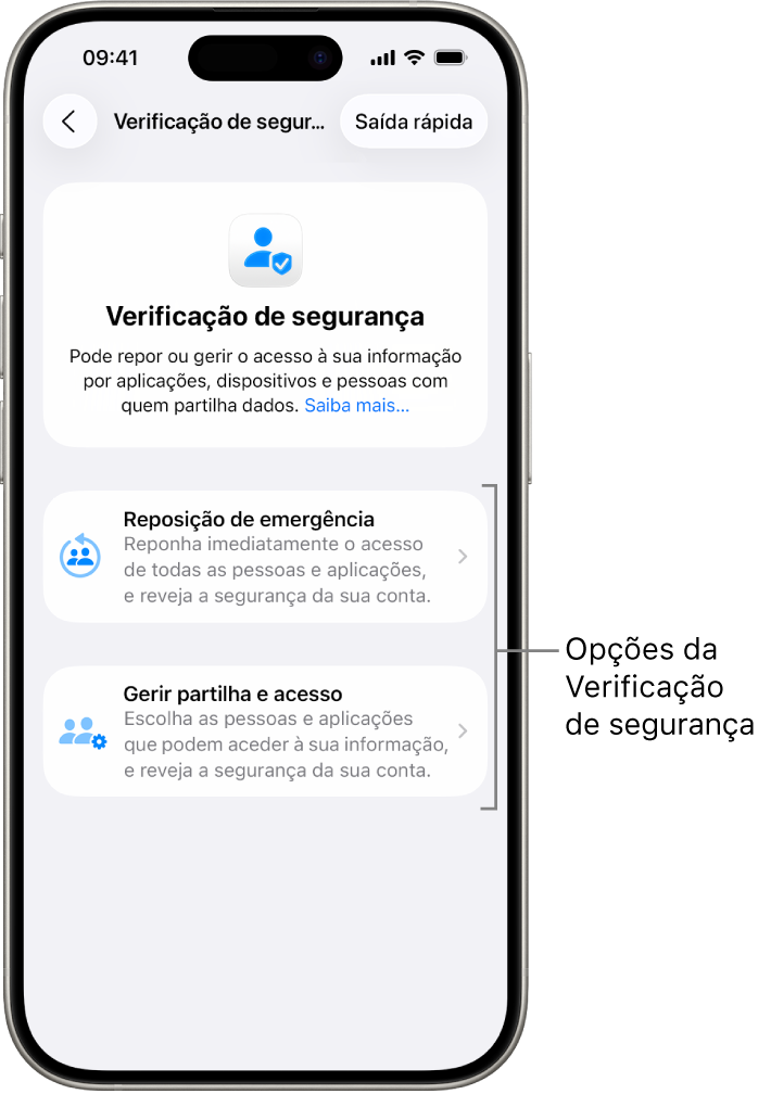 Um ecrã mostra as duas opções disponíveis na Verificação de segurança: “Reposição de emergência” e “Gerir partilha e acesso”.