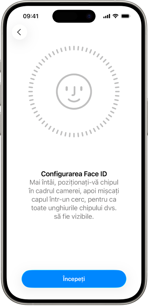 Ecranul de configurare a recunoașterii Face ID. Un chip este afișat pe ecran, încadrat într-un cerc. Textul de mai jos vă instruiește să vă mișcați încet capul pentru a finaliza cercul.