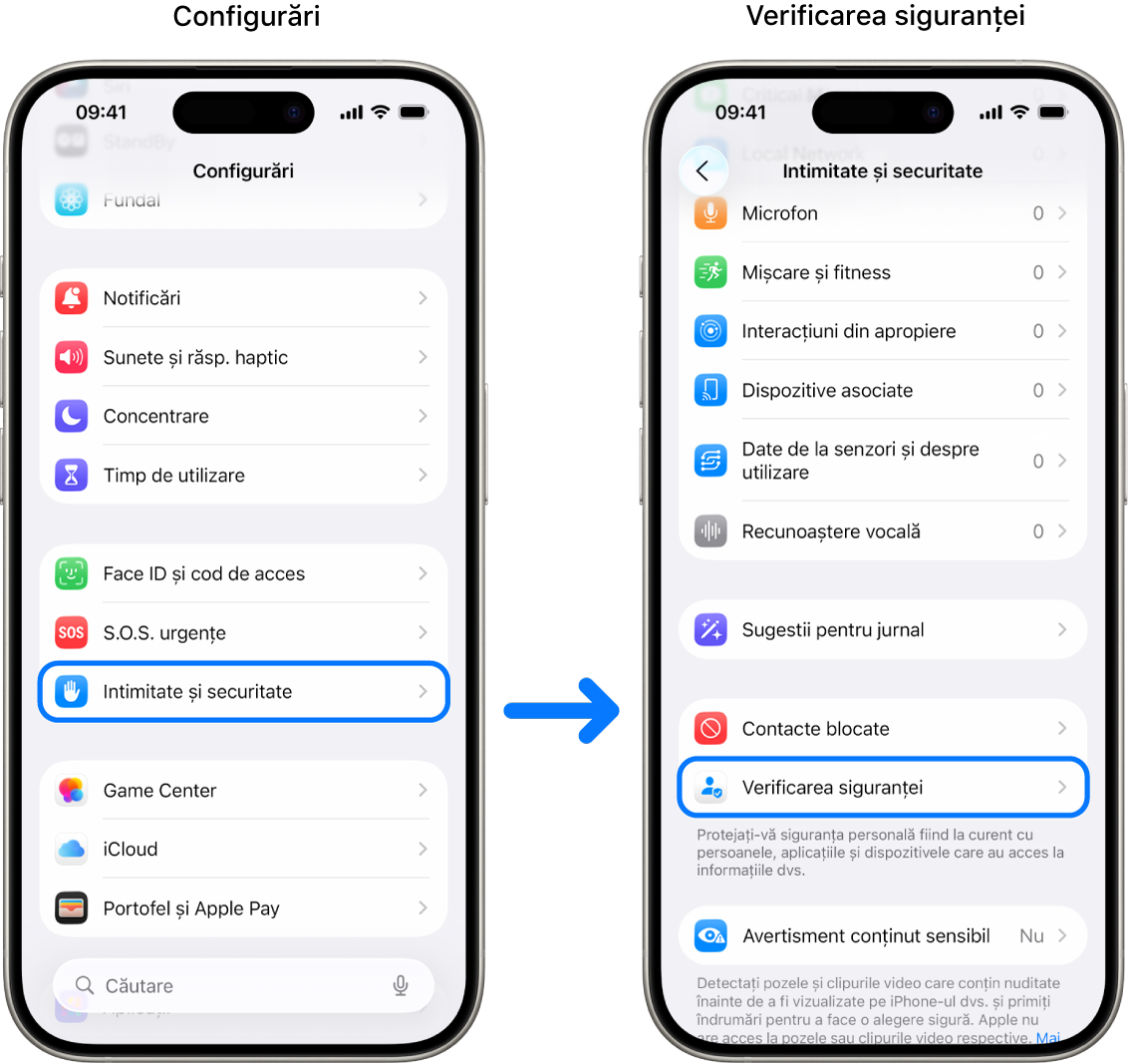 Modalitatea de a accesa Verificare siguranței din aplicația Configurări.