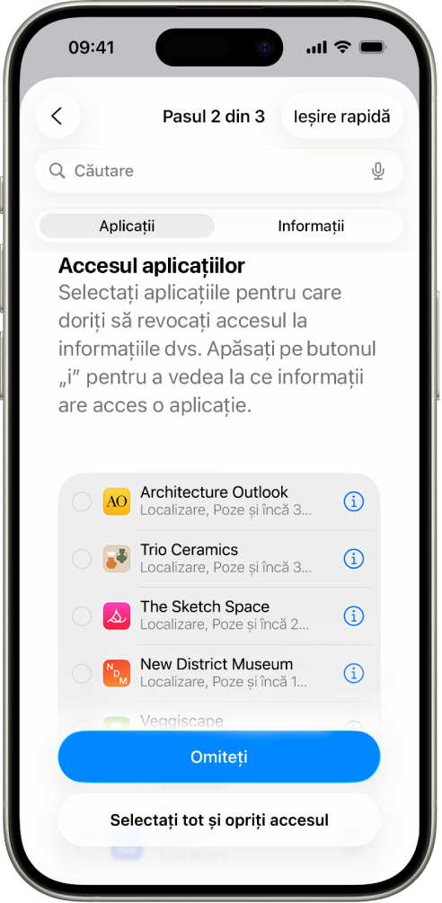Un ecran Verificarea informațiilor afișând informațiile partajate cu anumite aplicații.