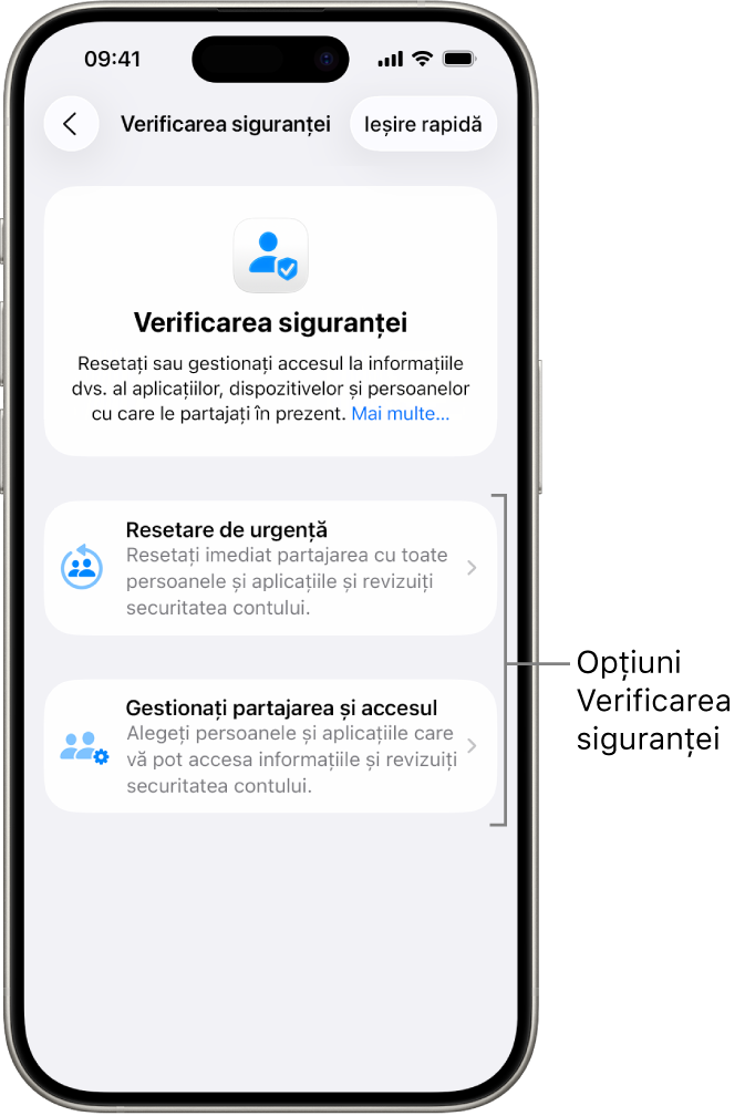 Un ecran prezentând cele două opțiuni disponibile în Verificarea siguranței: Resetare de urgență și Gestionați partajarea și accesul.