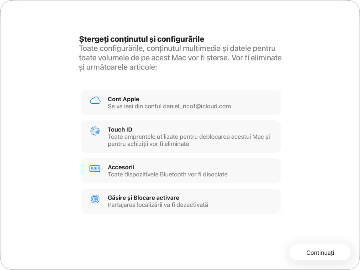 O fereastră de Mac afișând Asistentul Ștergere conținut și configurări.