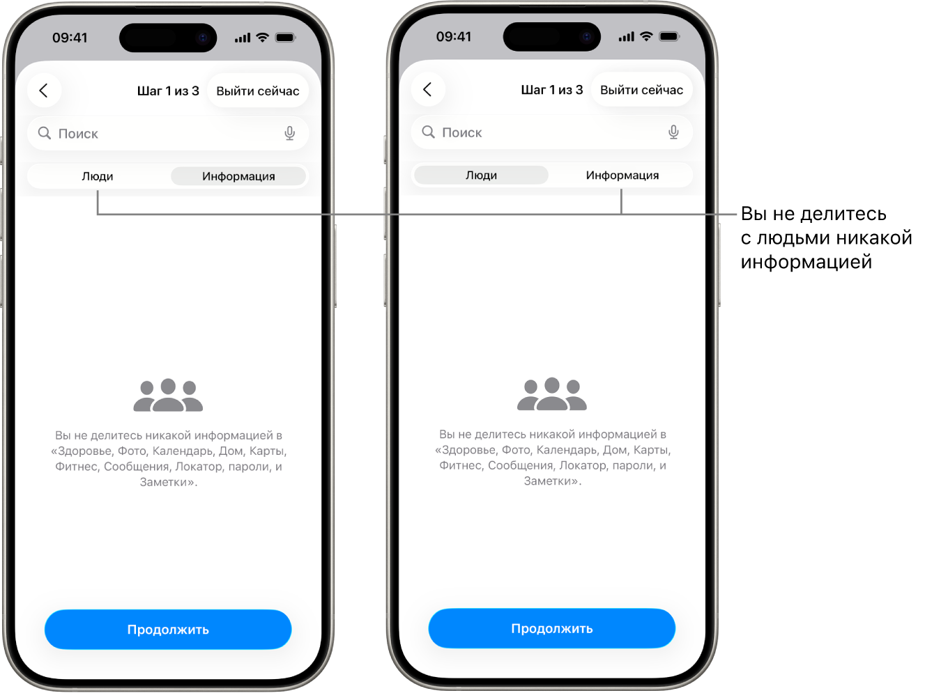 Показаны вкладки «Люди» и «Информация», на которых видно, что пользователь не делится никакой информацией с другими людьми.