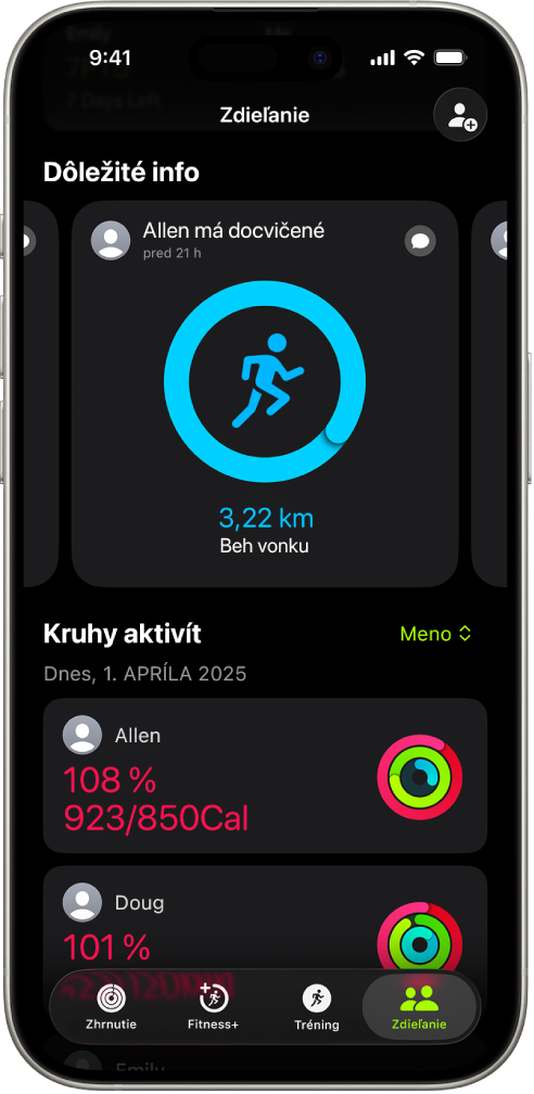 Obrazovka iPhonu s informáciami o aktivite zdieľanými s ďalšími dvomi ľuďmi.