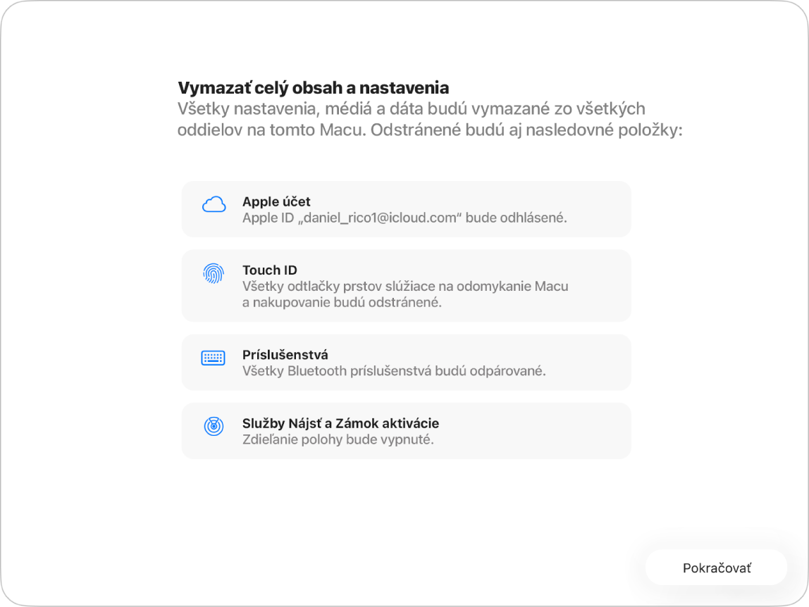 Okno Macu zobrazujúce asistenta vymazaním celého obsahu a nastavení.