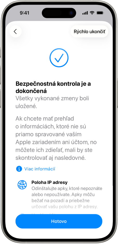 Obrazovka bezpečnostnej kontroly, na ktorej je uvedené, že bezpečnostná kontrola je dokončená.