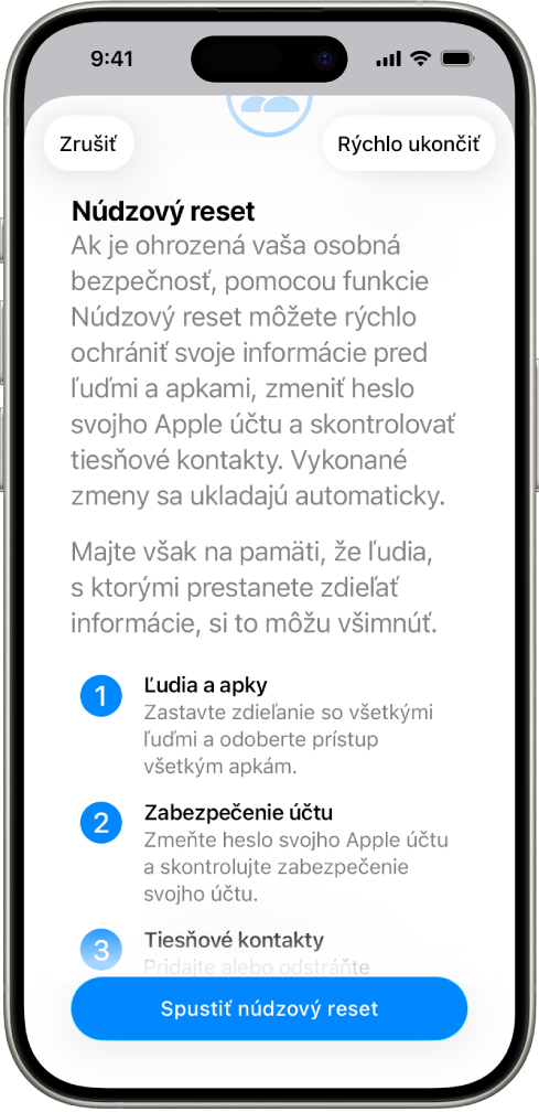 Obrazovka s tlačidlom na spustenie núdzového resetu.