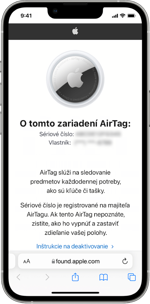 Na obrazovke iPhonu sa zobrazujú informácie o AirTagu.