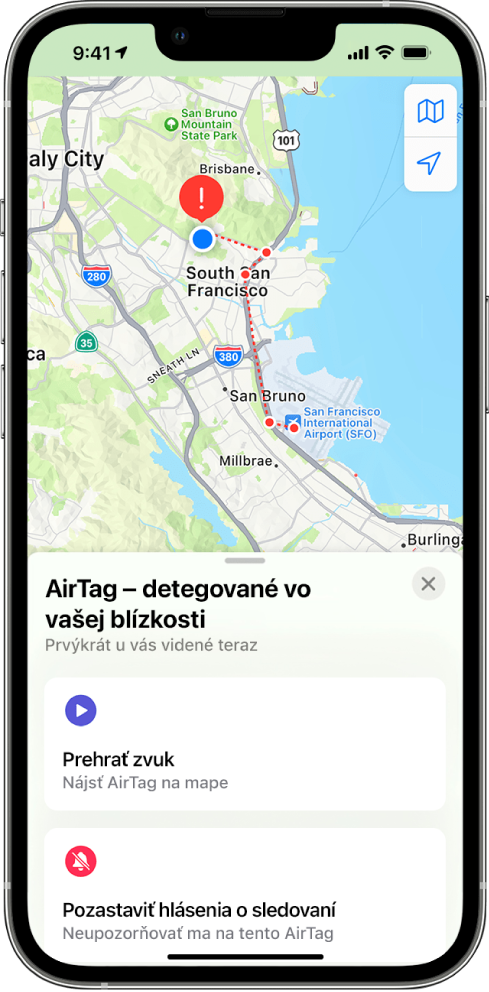 Obrazovka iPhonu, na ktorej je v apke Mapy zobrazená informácia o AirTagu detekovanom v blízkosti užívateľa.