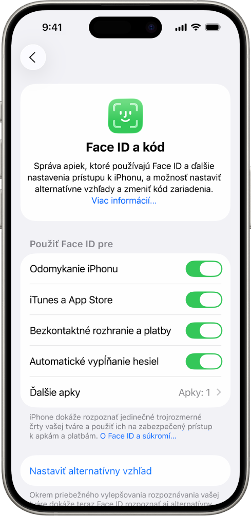 Obrazovka Face ID na iPhone s informáciami o tom, na čo sa dá Face ID použiť – napríklad na odomykanie iPhonu, na potvrdzovanie platieb v iTunes, App Store, Peňaženke a Apple Pay alebo na automatické vypĺňanie hesiel.