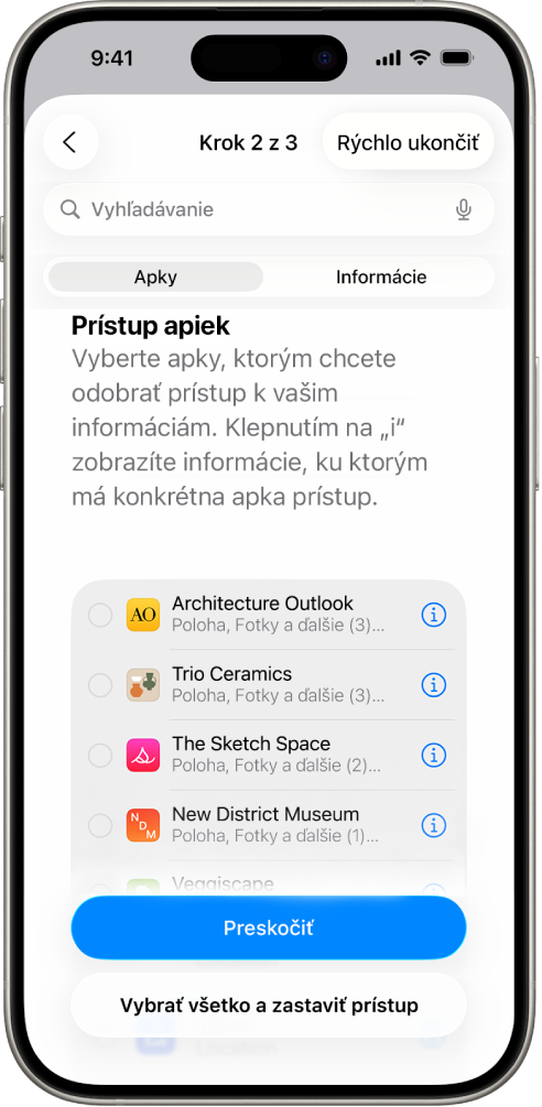 Obrazovka bezpečnostnej kontroly zobrazujúca informácie zdieľané s konkrétnymi apkami.