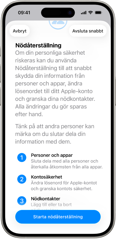 En skärm visar knappen som startar Nödåterställning.