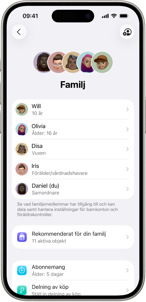 Skärmen Familjedelning i Inställningar. Fem familjemedlemmar visas i listan och fyra abonnemang delas med familjen.