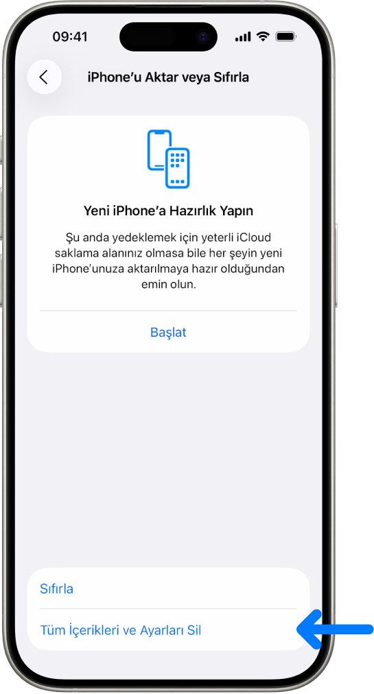 Seçili seçenek olarak Tüm İçerikleri ve Ayarları Sil’i gösteren bir iPhone ekranı.